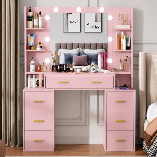Modern Black Dressing Table with LED Mirror, 6 Drawers & Storage Shelves