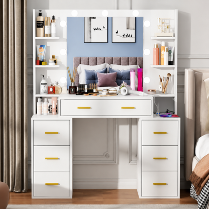Modern Black Dressing Table with LED Mirror, 6 Drawers &amp; Storage Shelves