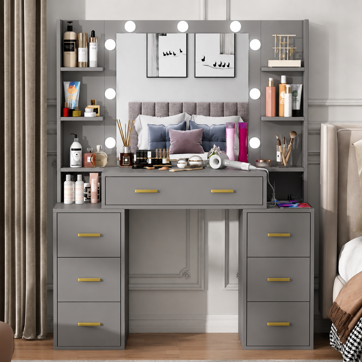 Modern Black Dressing Table with LED Mirror, 6 Drawers &amp; Storage Shelves