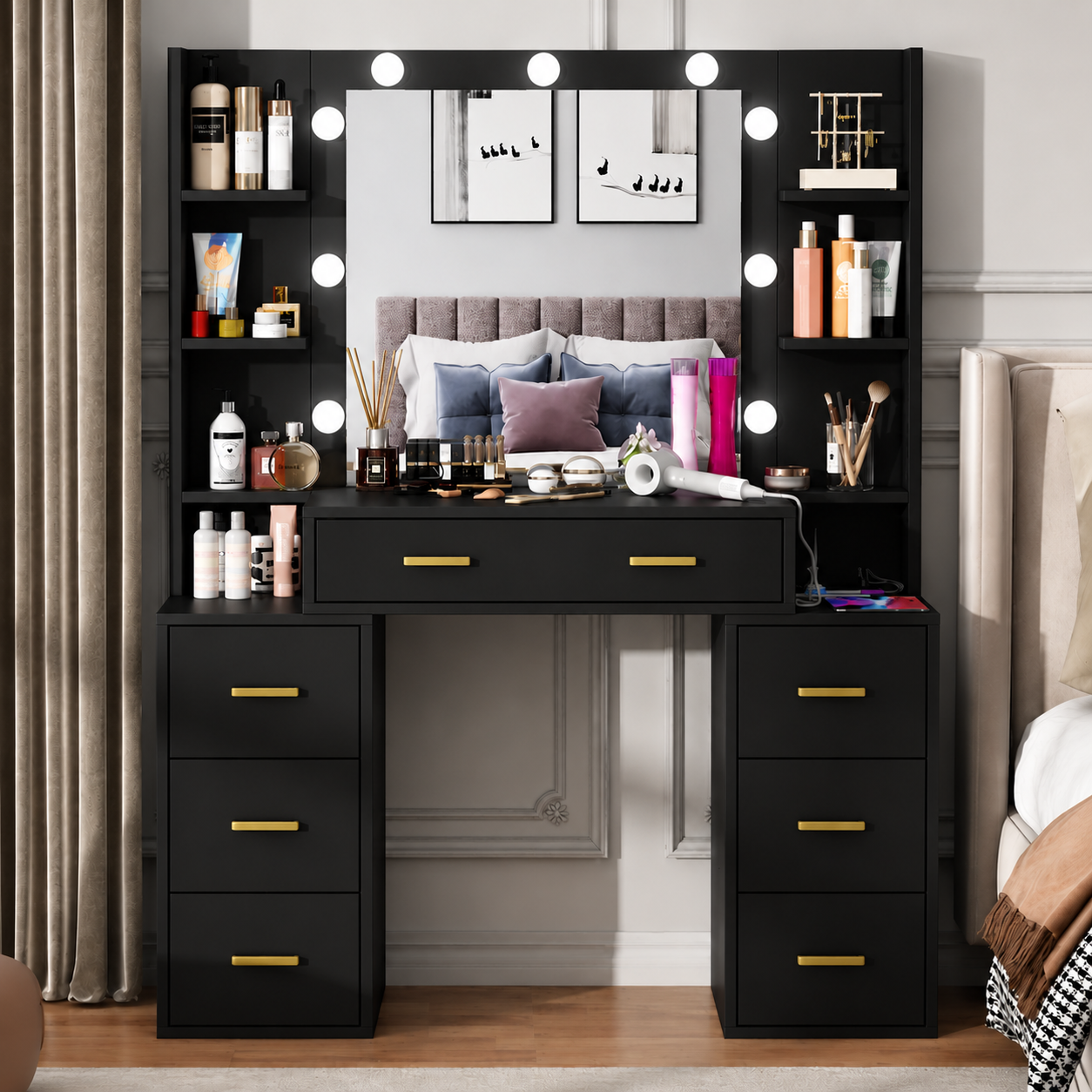Modern Black Dressing Table with LED Mirror, 6 Drawers &amp; Storage Shelves
